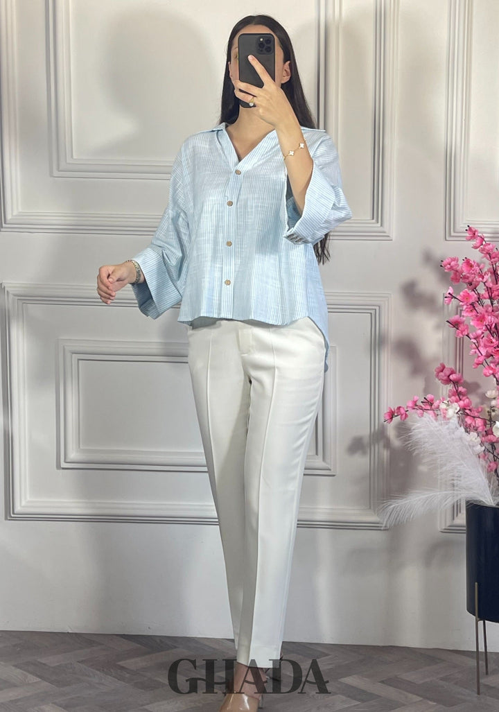 Chemise à rayures avec manches trois quarts - Bleu ciel doux