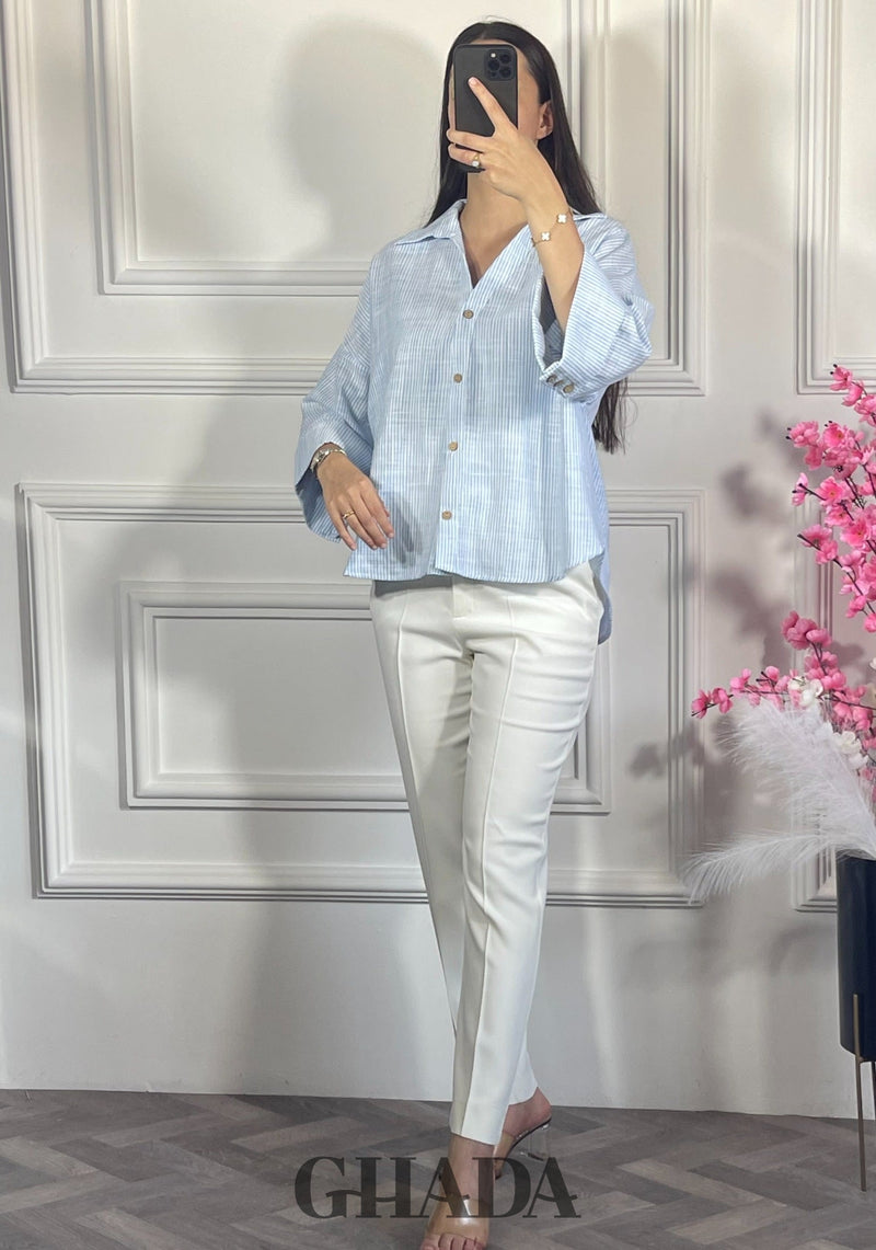Chemise à rayures avec manches trois quarts - Bleu ciel