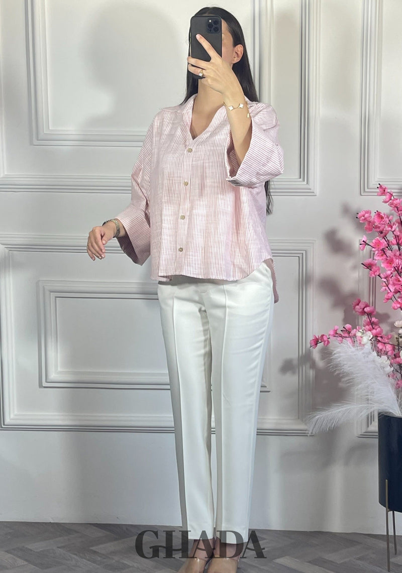 Chemise à rayures avec manches trois quarts - Rose
