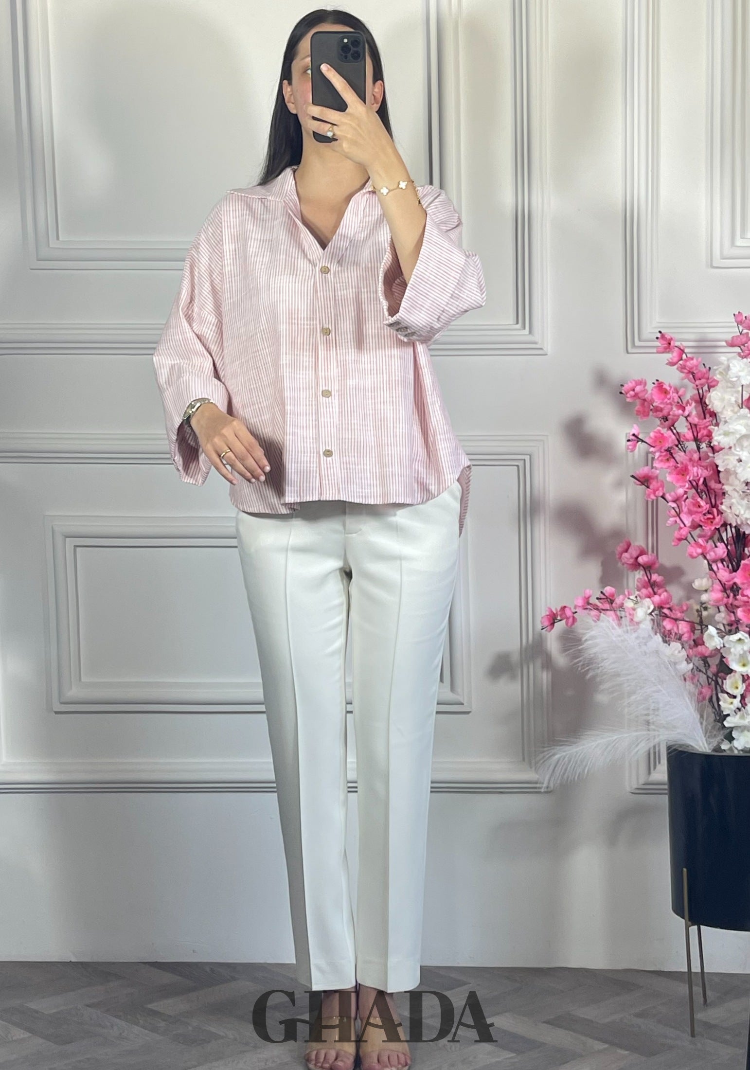 Chemise à rayures avec manches trois quarts - Rose vue complète - chemise femme - GHADA FASHION