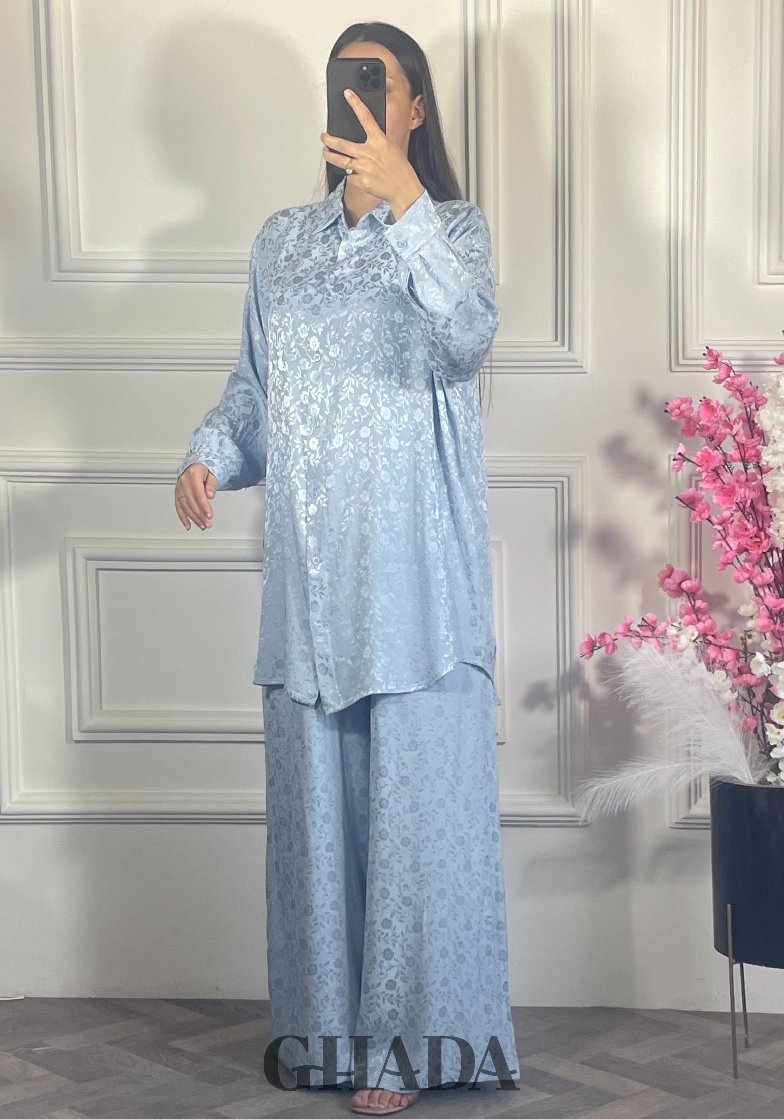 Ensemble avec pantalon à motifs - Bleu ciel vue de dos - ensemble femme - GHADA FASHION