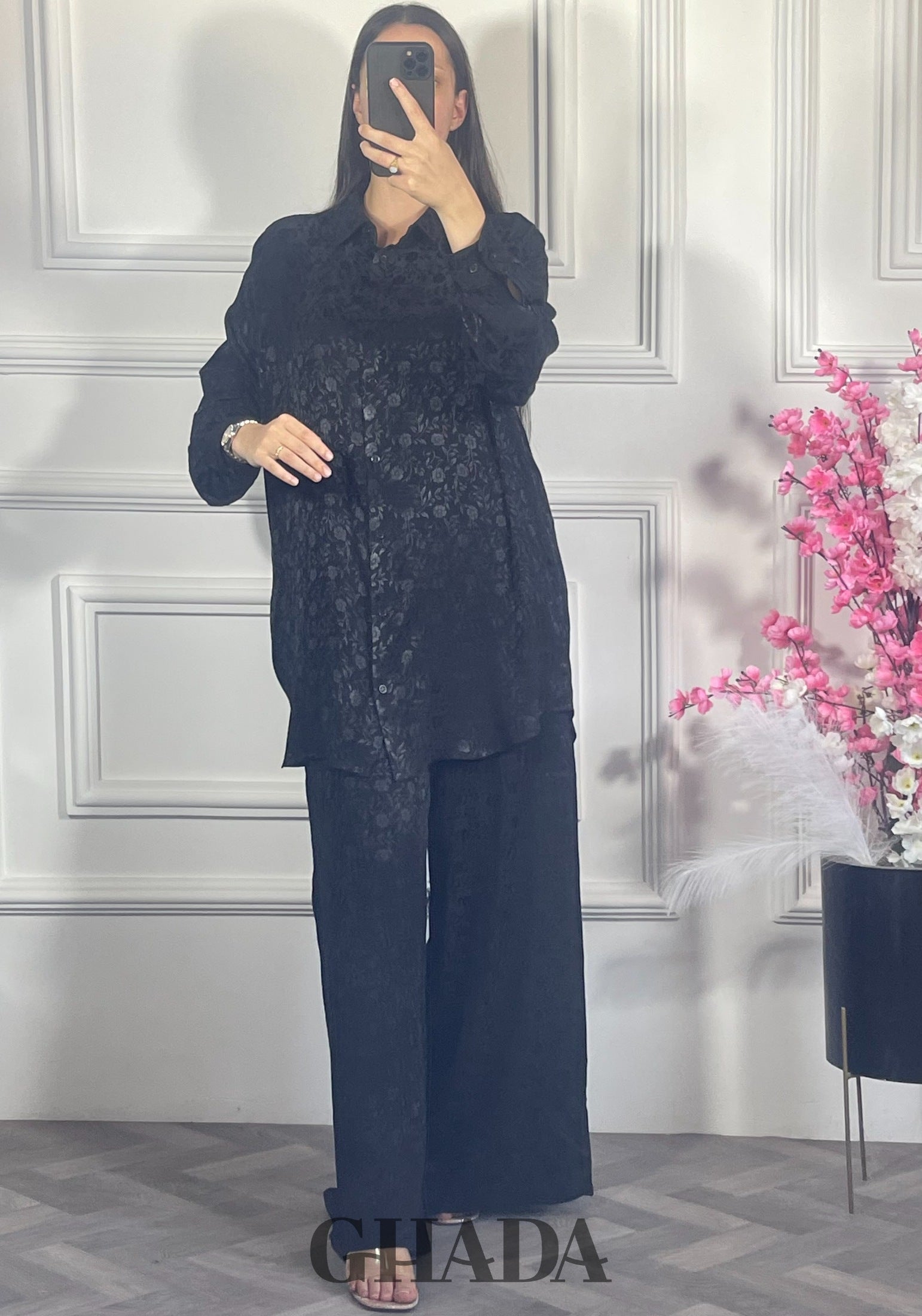 Ensemble avec pantalon à motifs - Noir détail broderie - ensemble femme - GHADA FASHION