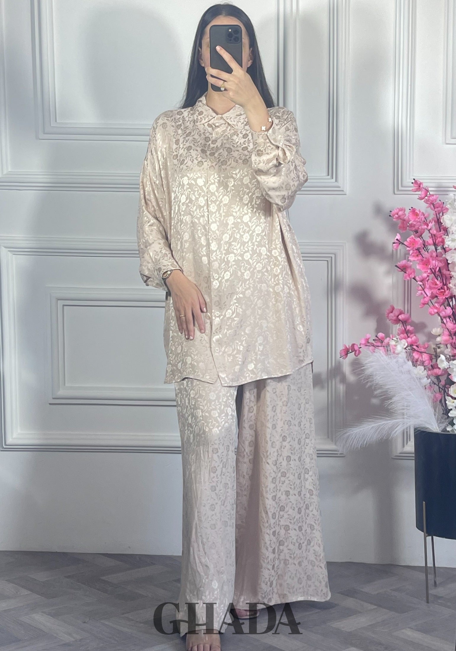 Ensemble avec pantalon à motifs - Beige détail broderie - ensemble femme - GHADA FASHION