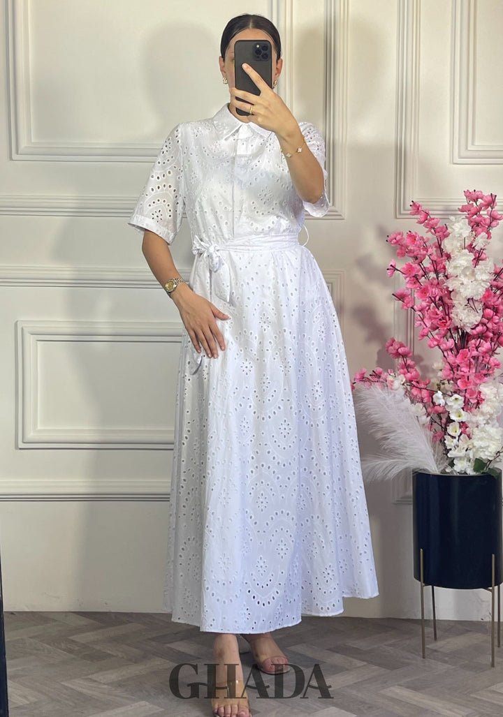 Robe brodée demi manches - Blanc