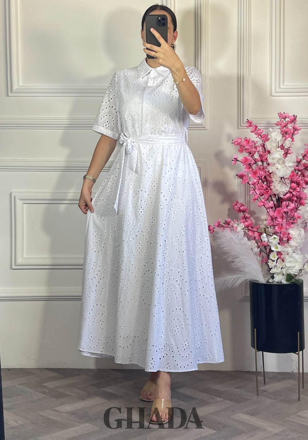 Robe brodée demi manches - Blanc