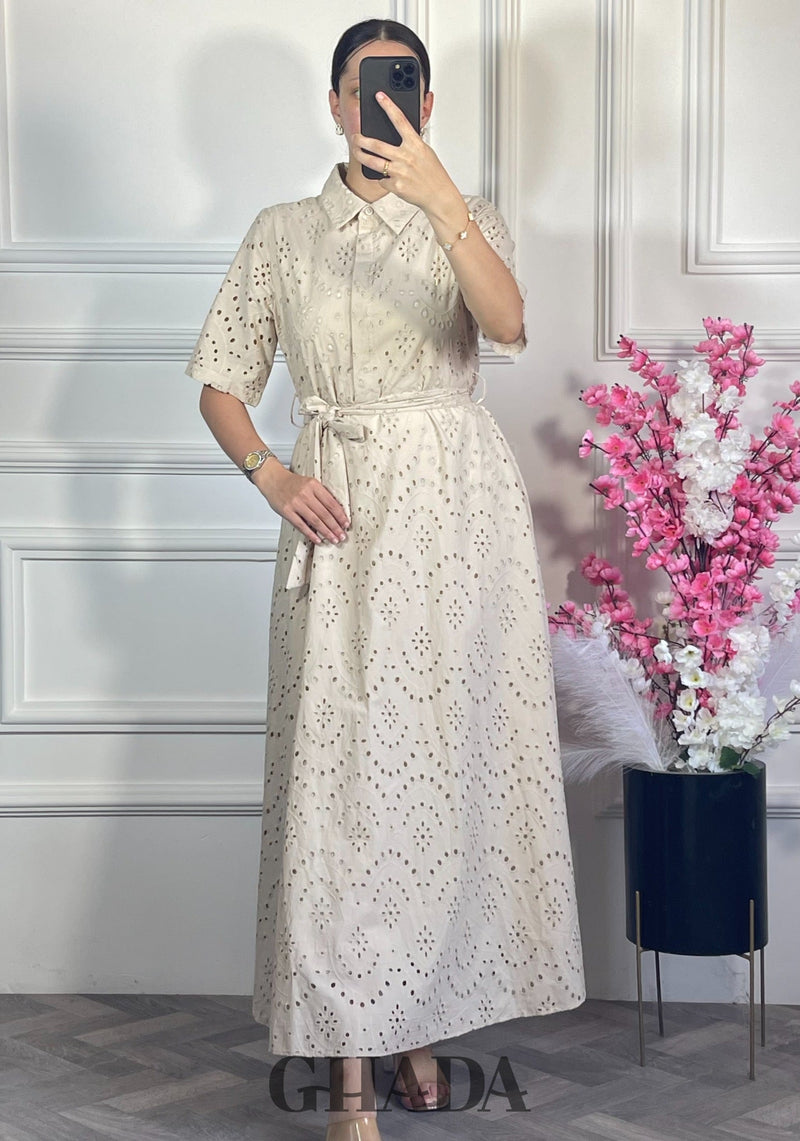 Robe brodée demi manches - Beige