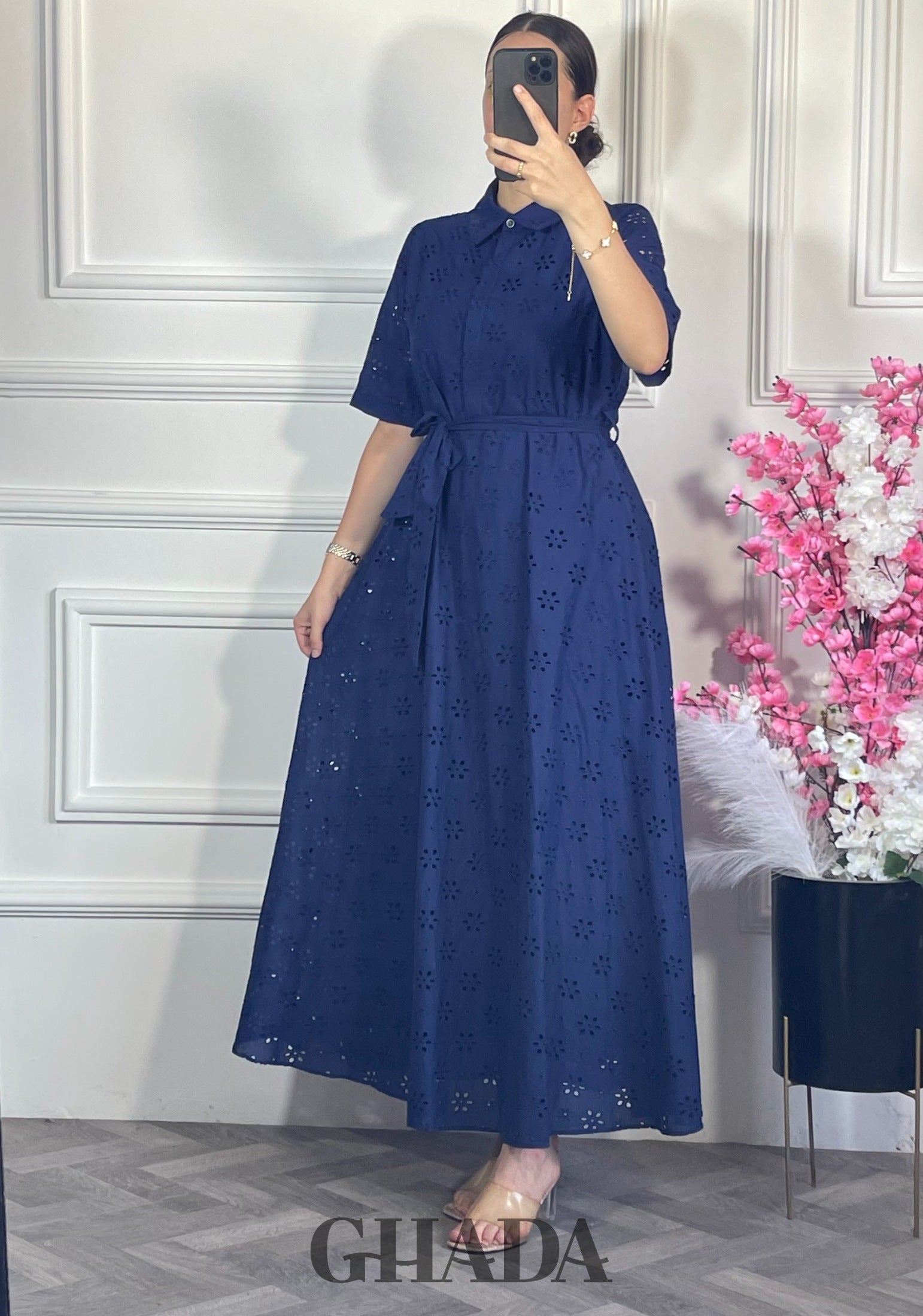 Robe brodée demi manches - Bleu marine détail broderie - robe longue femme - GHADA FASHION