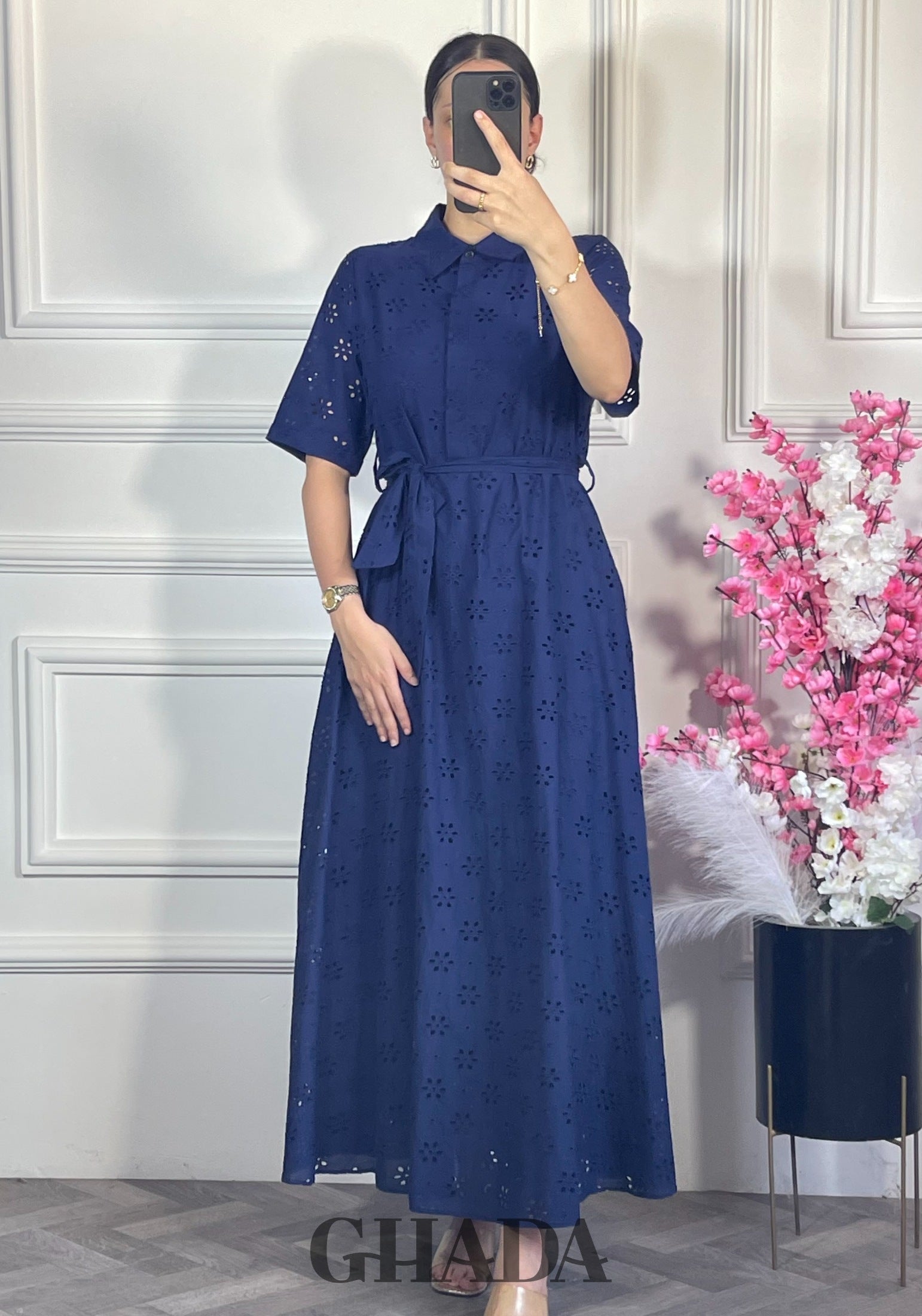 Robe brodée demi manches - Bleu marine vue complète - robe longue femme - GHADA FASHION