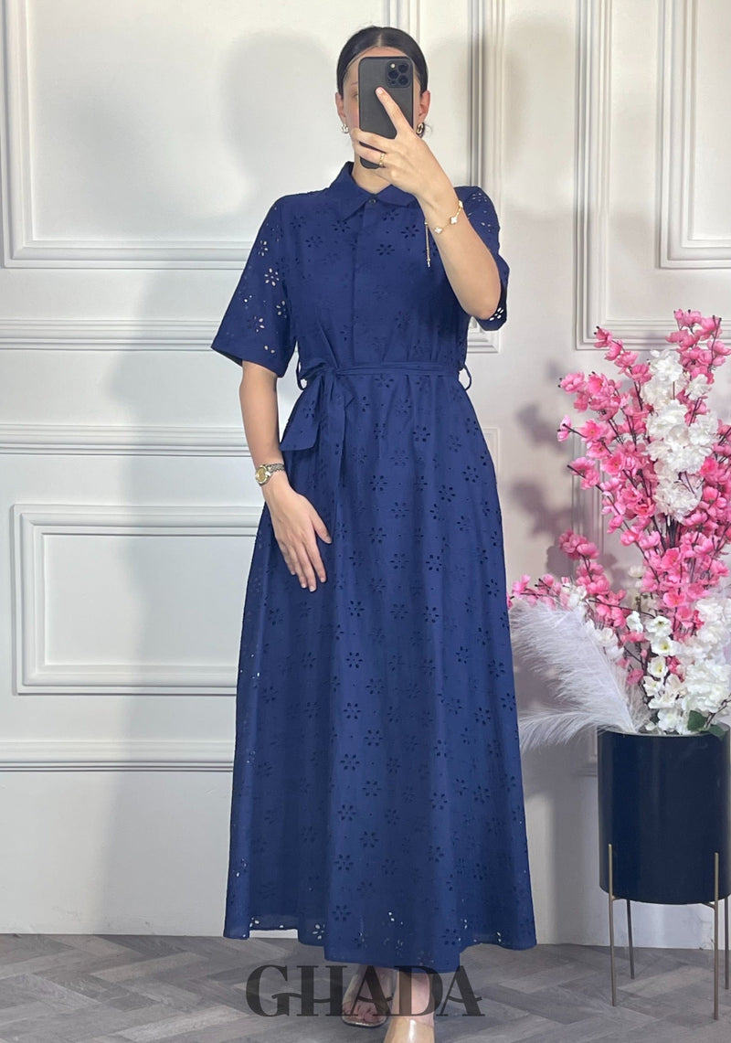 Robe brodée demi manches - Bleu marine