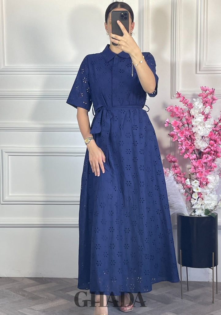 Robe brodée demi manches - Bleu marine