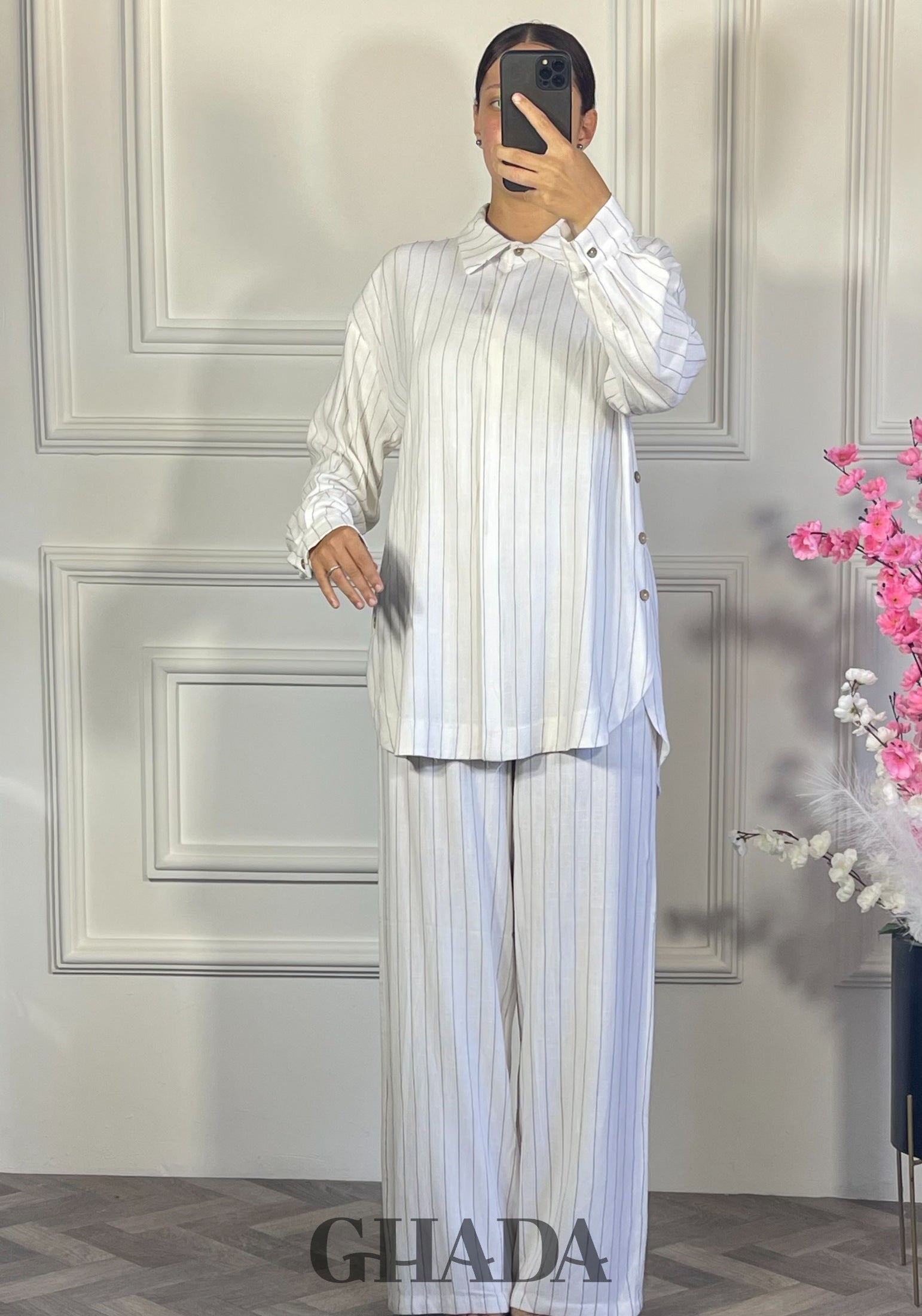 Ensemble en lin à rayures - Blanc détail broderie - ensemble femme - GHADA FASHION