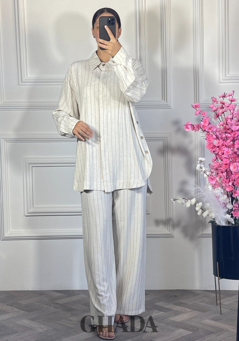 Ensemble en lin à rayures - Beige