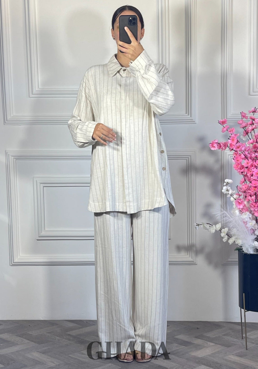 Ensemble en lin à rayures - Beige