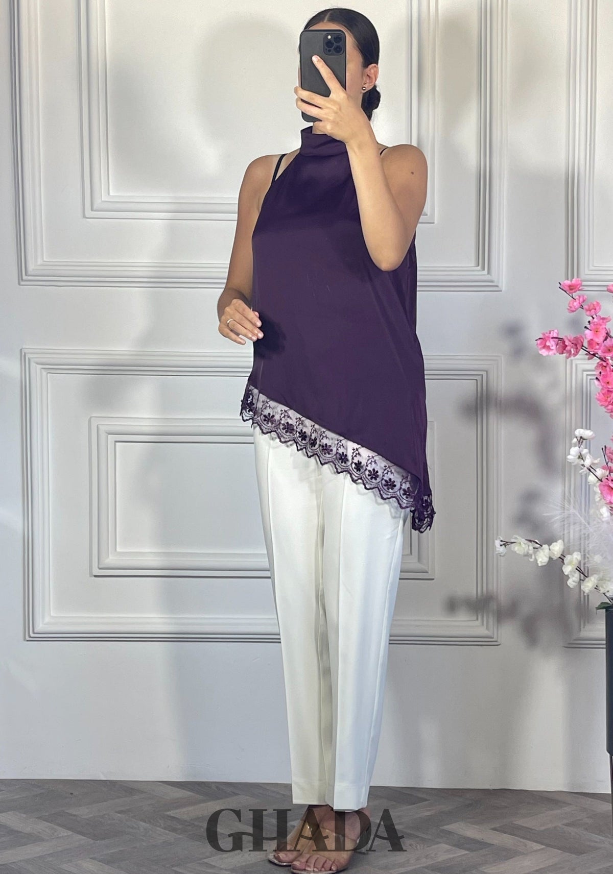 Top satiné avec dentelle - Mauve vue complète - chemise femme - GHADA FASHION