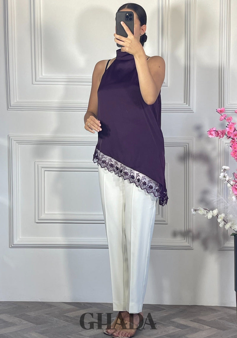 Top satiné avec dentelle - Mauve