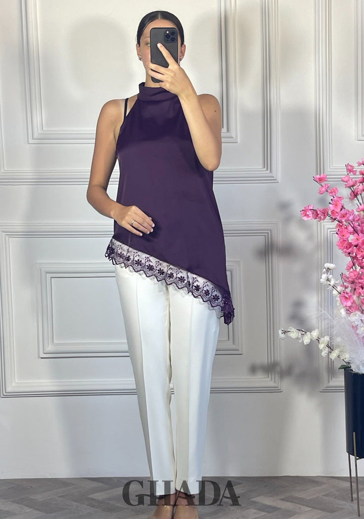 Top satiné avec dentelle - Mauve