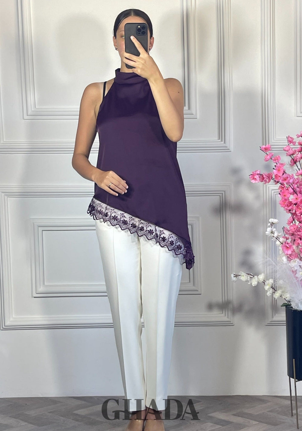 Top satiné avec dentelle - Mauve