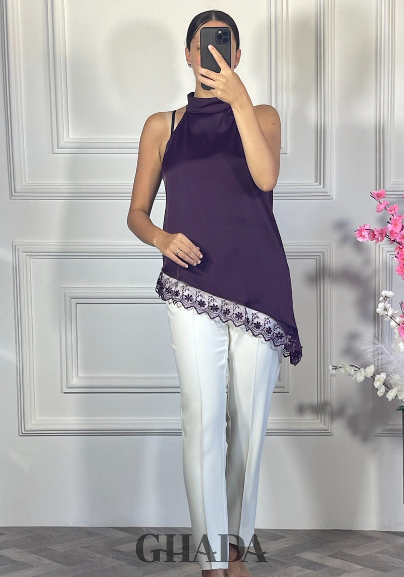 Top satiné avec dentelle - Mauve