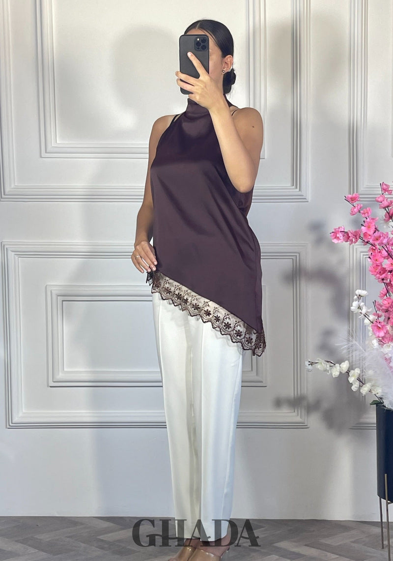 Top satiné avec dentelle - Marron chocolat