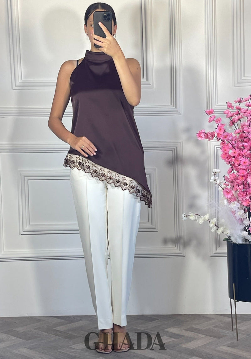 Top satiné avec dentelle - Marron chocolat