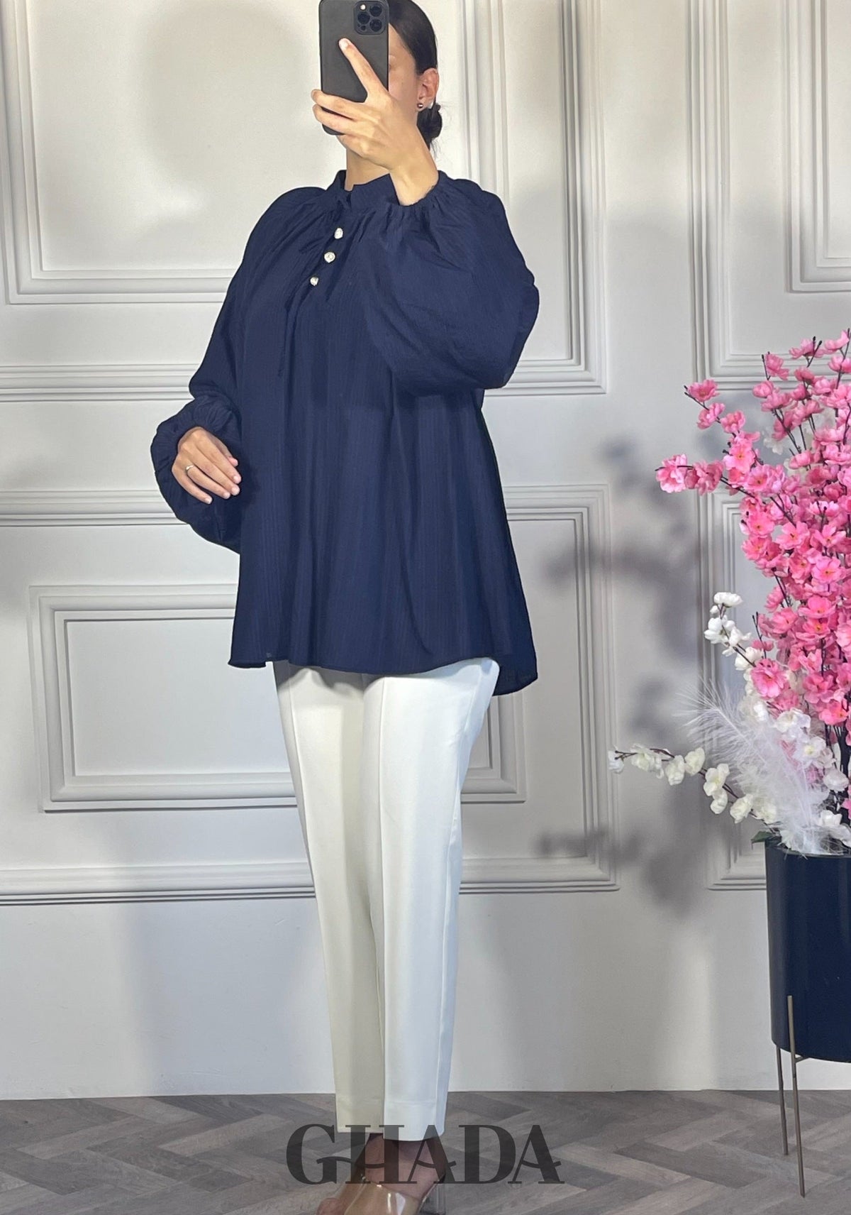 Chemise fluide - Bleu marine détail broderie - chemise femme - GHADA FASHION