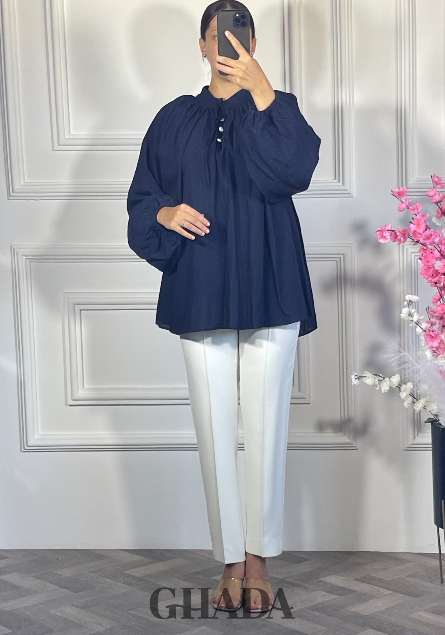 Chemise fluide - Bleu marine vue de face - chemise femme - GHADA FASHION
