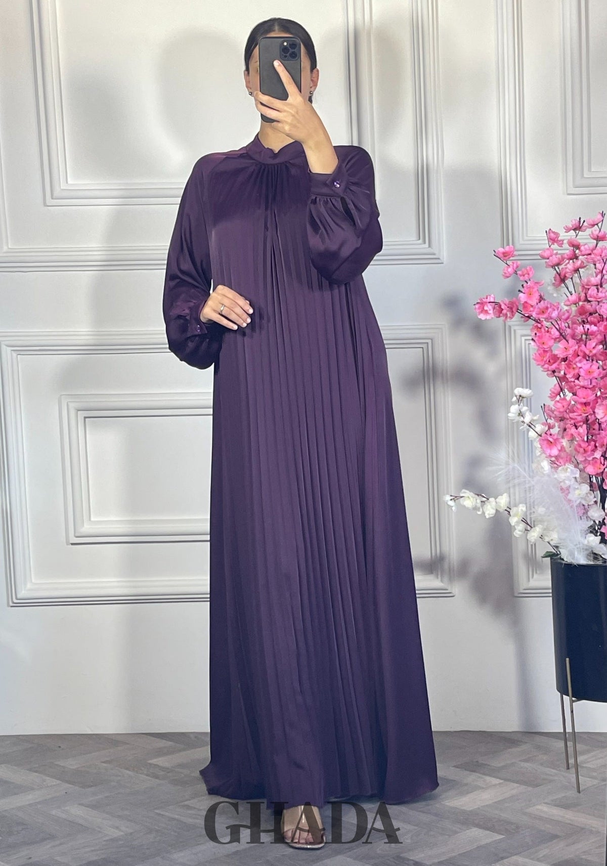 Robe longue plissée - Mauve vue de face - robe longue femme - GHADA FASHION