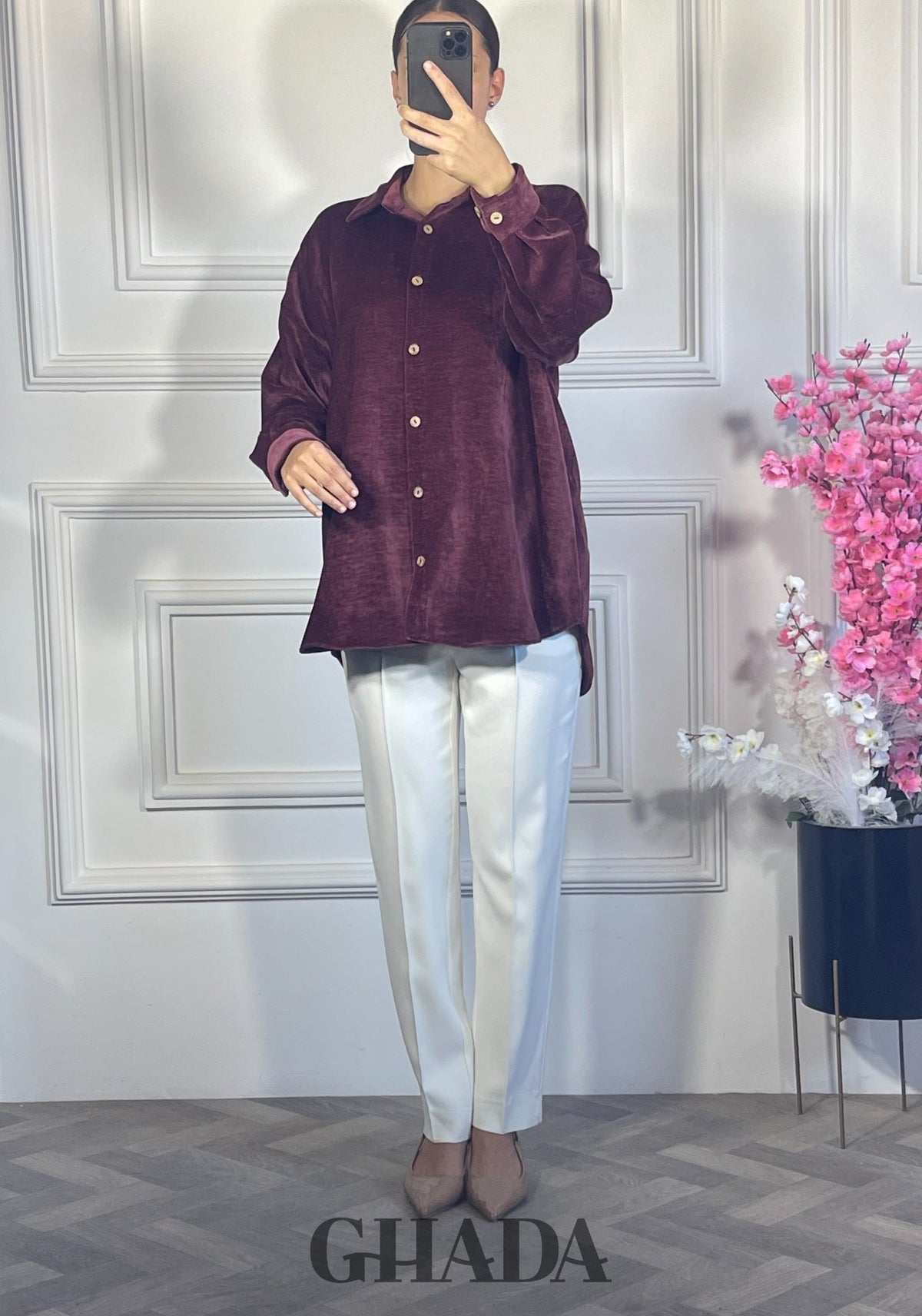 Chemise en velours côtelé - Bordeaux vue de face - chemise femme - GHADA FASHION