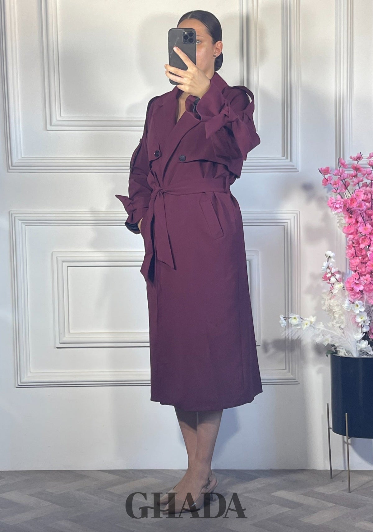 Trench long oversize ceinturé - Bordeaux détail broderie - manteau femme - GHADA FASHION