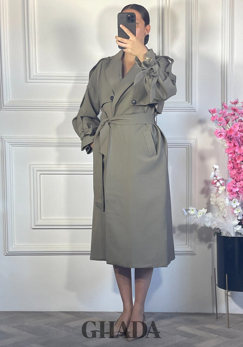 Trench long oversize ceinturé - Vert kaki