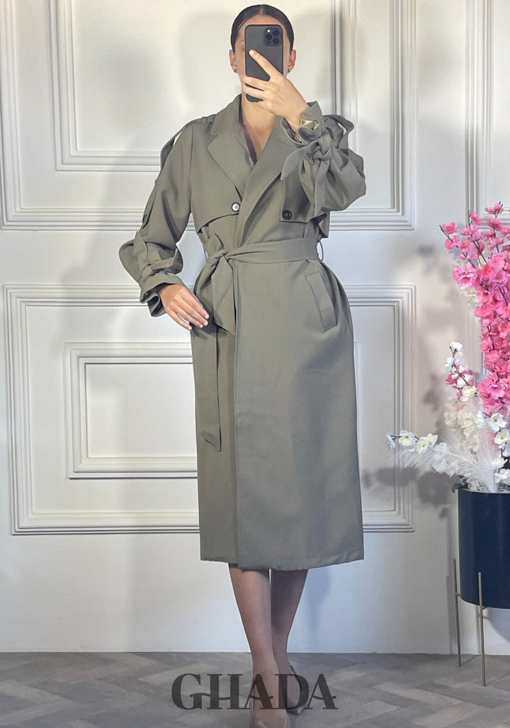 Trench long oversize ceinturé - Vert kaki