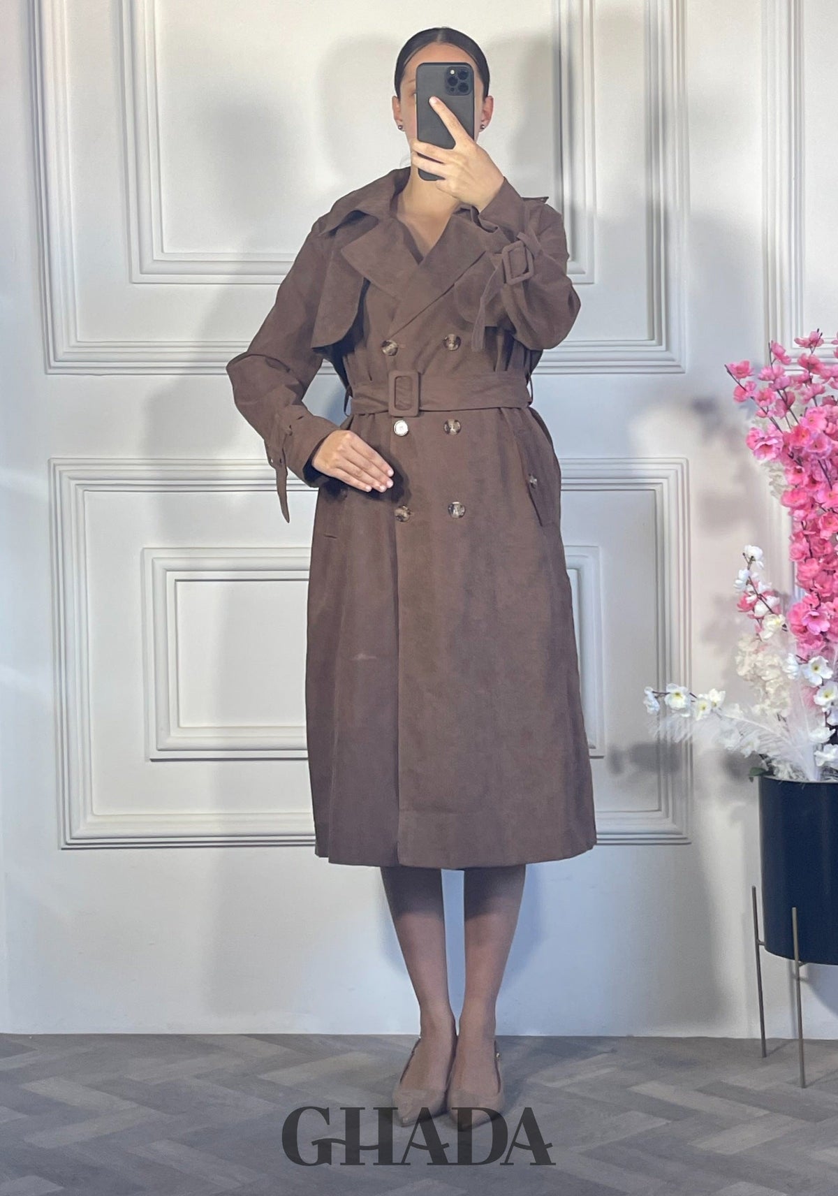 Trench long boutonné - Marron vue complète - manteau femme - GHADA FASHION