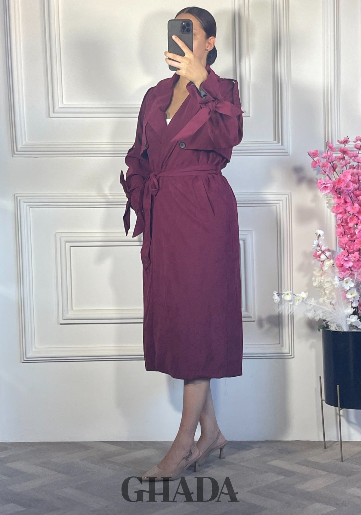 Trench long ceinturé - Bordeaux détail broderie - manteau femme - GHADA FASHION