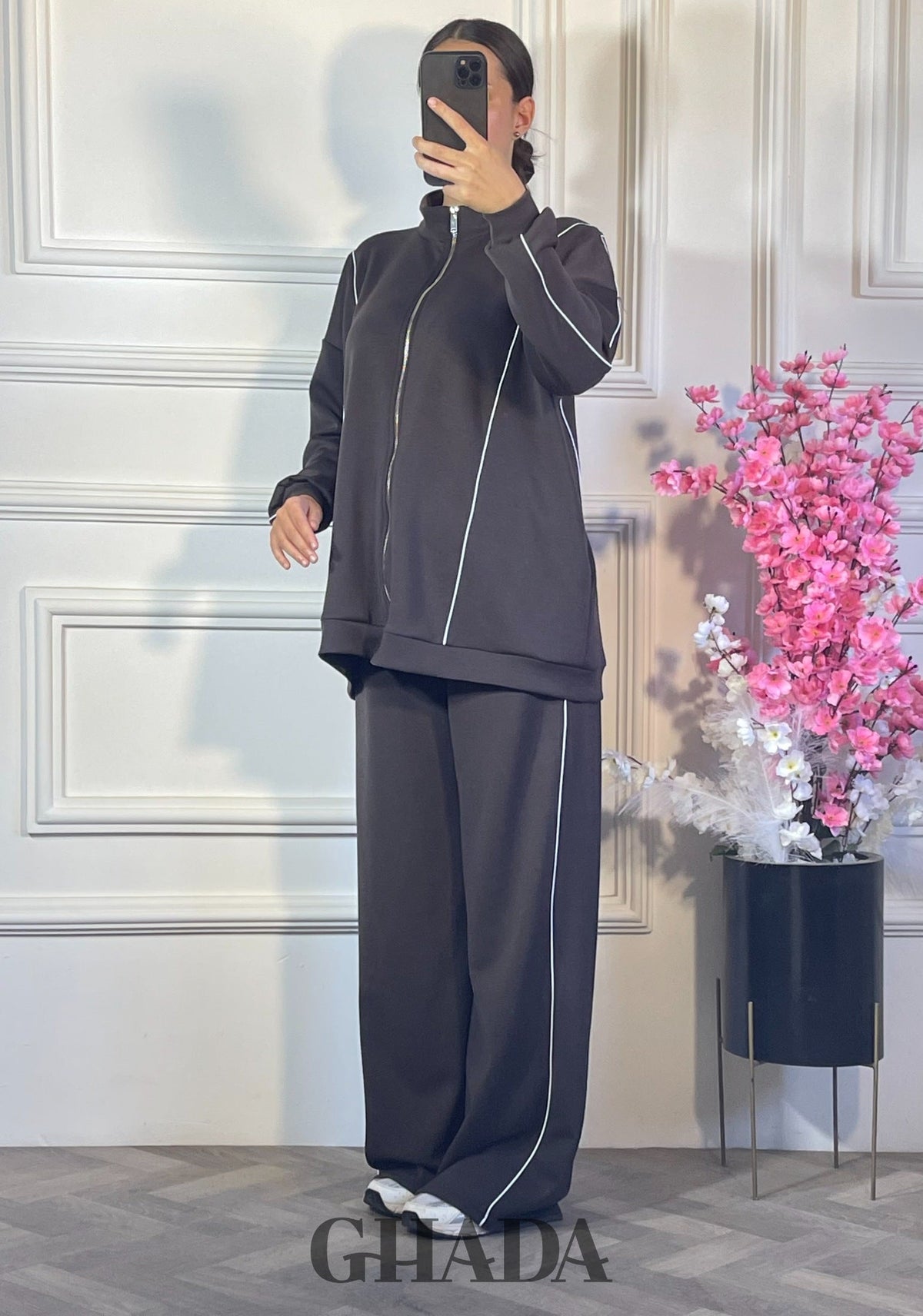 Ensemble survêtement zippé - Marron chocolat détail broderie - pull femme - GHADA FASHION