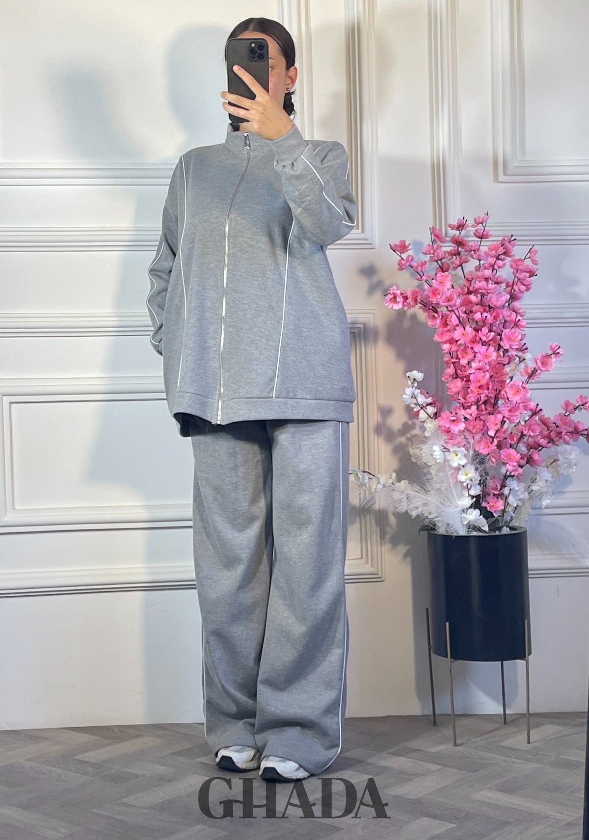 Ensemble survêtement zippé - Gris foncé vue complète - pull femme - GHADA FASHION