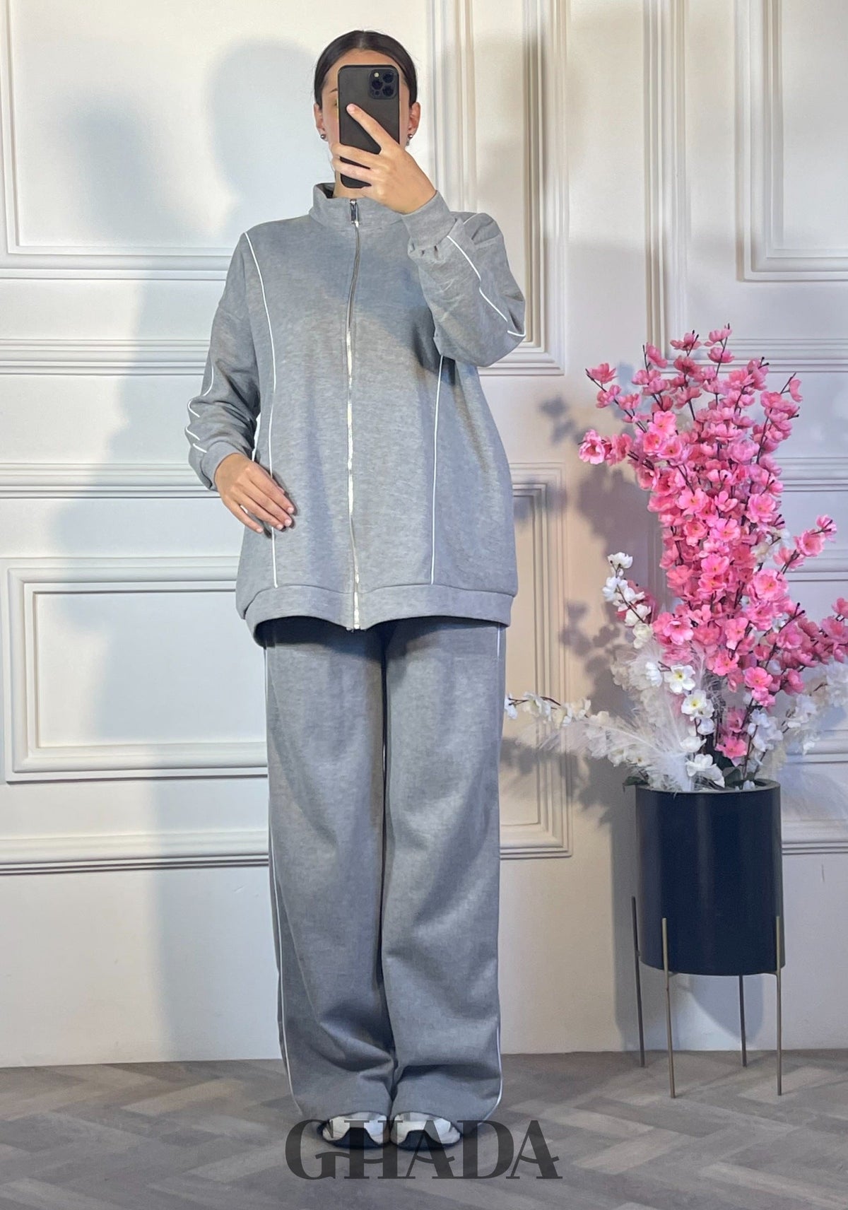 Ensemble survêtement zippé - Gris foncé détail broderie - pull femme - GHADA FASHION