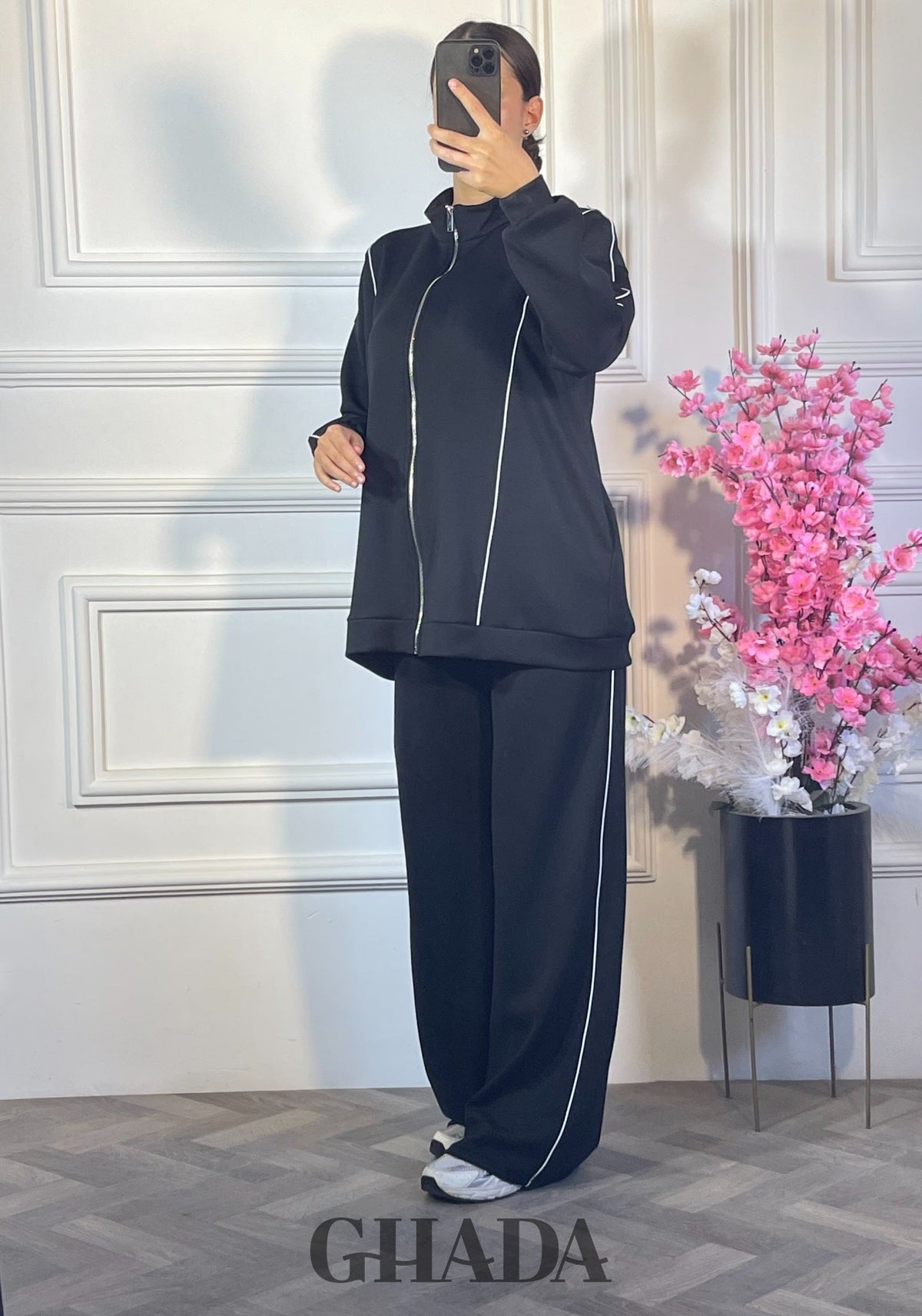Ensemble survêtement zippé - Noir vue complète - pull femme - GHADA FASHION