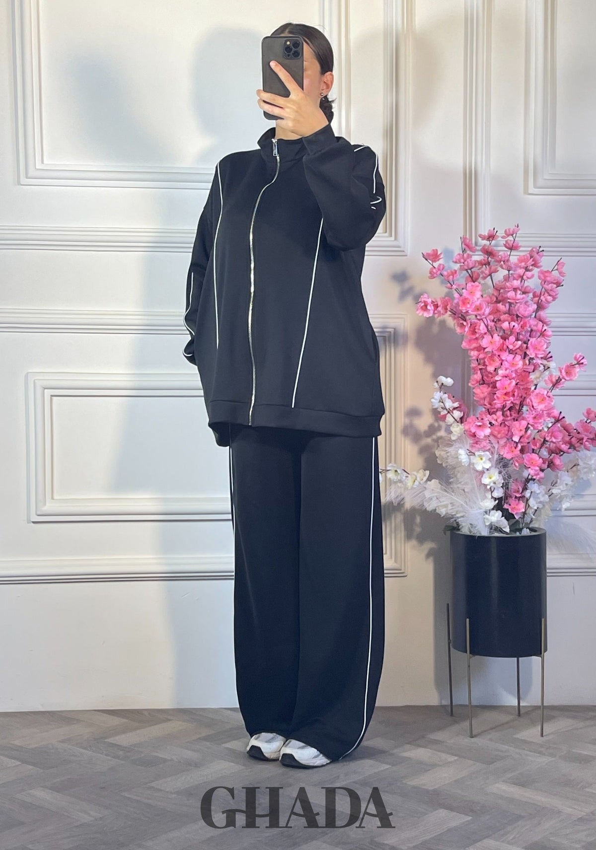 Ensemble survêtement zippé - Noir zoom matière - pull femme - GHADA FASHION