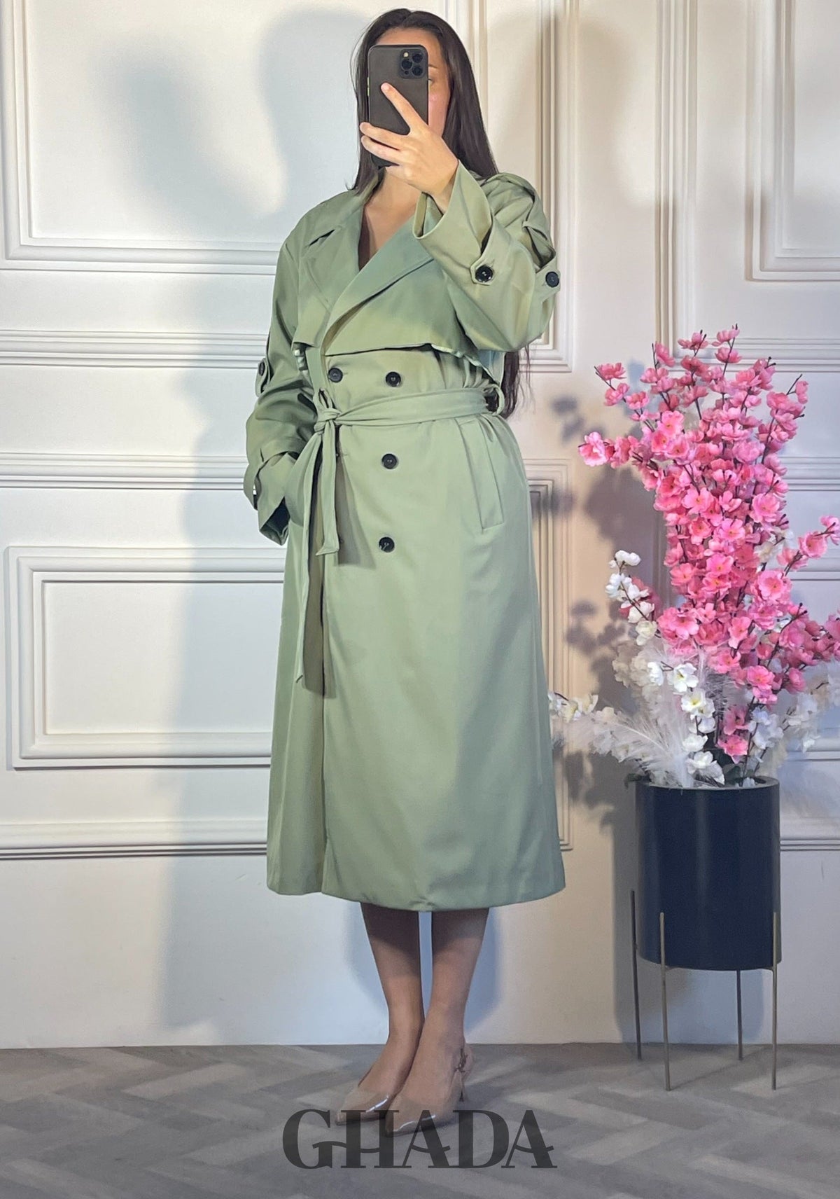 Trench-coat long avec cap - Vert détail broderie - manteau femme - GHADA FASHION