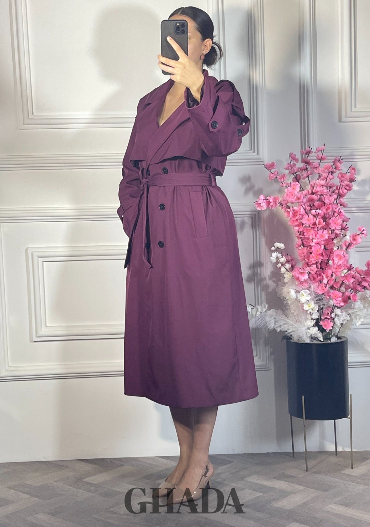 Trench-coat long avec petite cap - Bordeaux détail broderie - manteau femme - GHADA FASHION