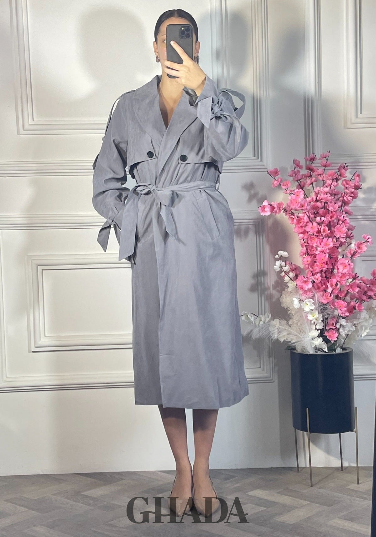 Trench-coat long oversize - Gris vue de face - manteau femme - GHADA FASHION