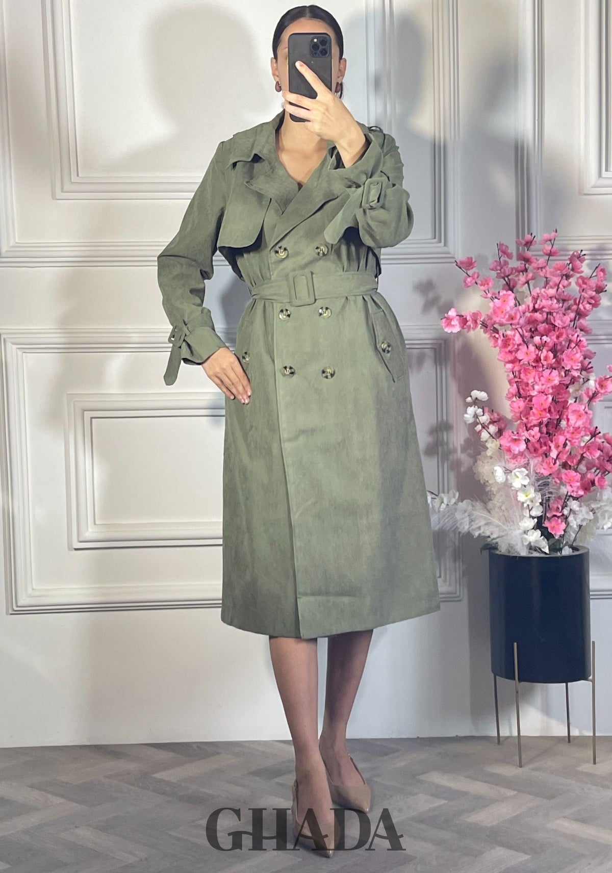 Trench long boutonné - Vert kaki vue complète - manteau femme - GHADA FASHION