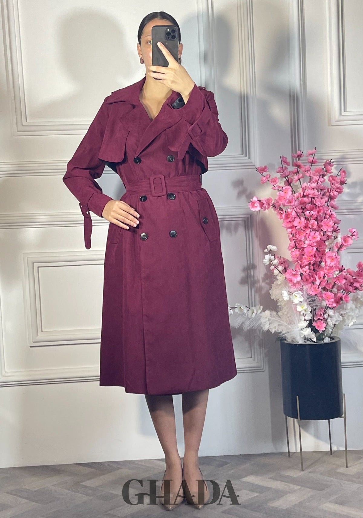 Trench long boutonné - Bordeaux vue complète - manteau femme - GHADA FASHION