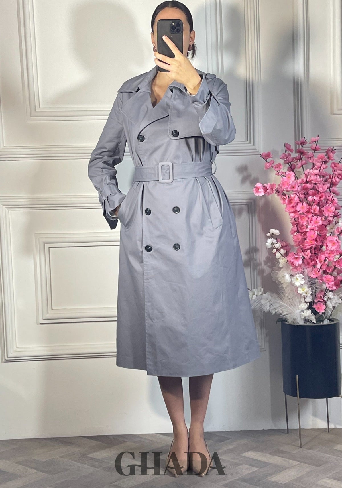 Trench-coat long double boutonnage - Gris détail broderie - manteau femme - GHADA FASHION