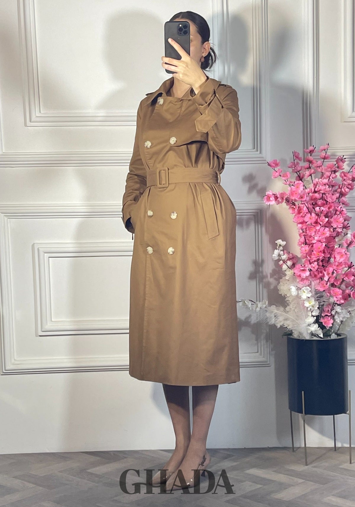 Trench-coat long double boutonnage - Camel détail broderie - manteau femme - GHADA FASHION