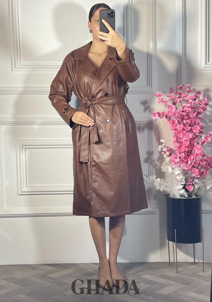 Trench-coat long en simili cuir - Marron foncé