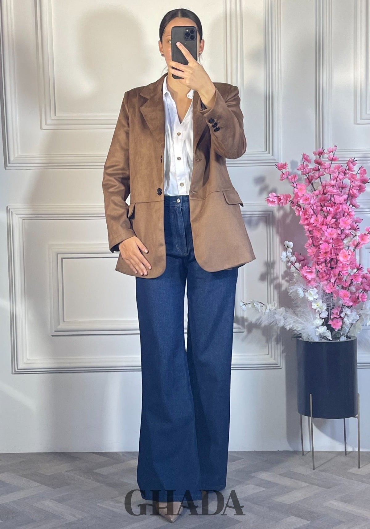 Veste en daim - Marron vue de face - veste femme - GHADA FASHION