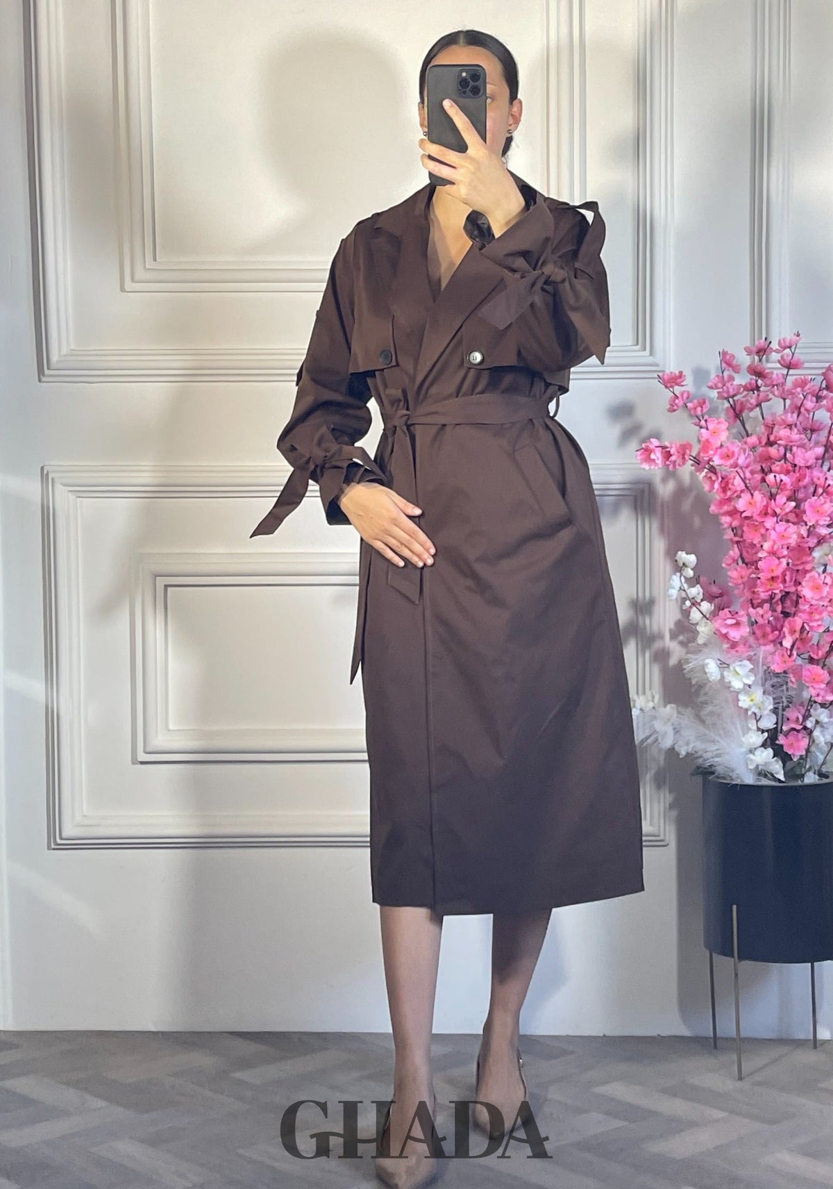 Trench-coat long oversize - Marron détail broderie - manteau femme - GHADA FASHION