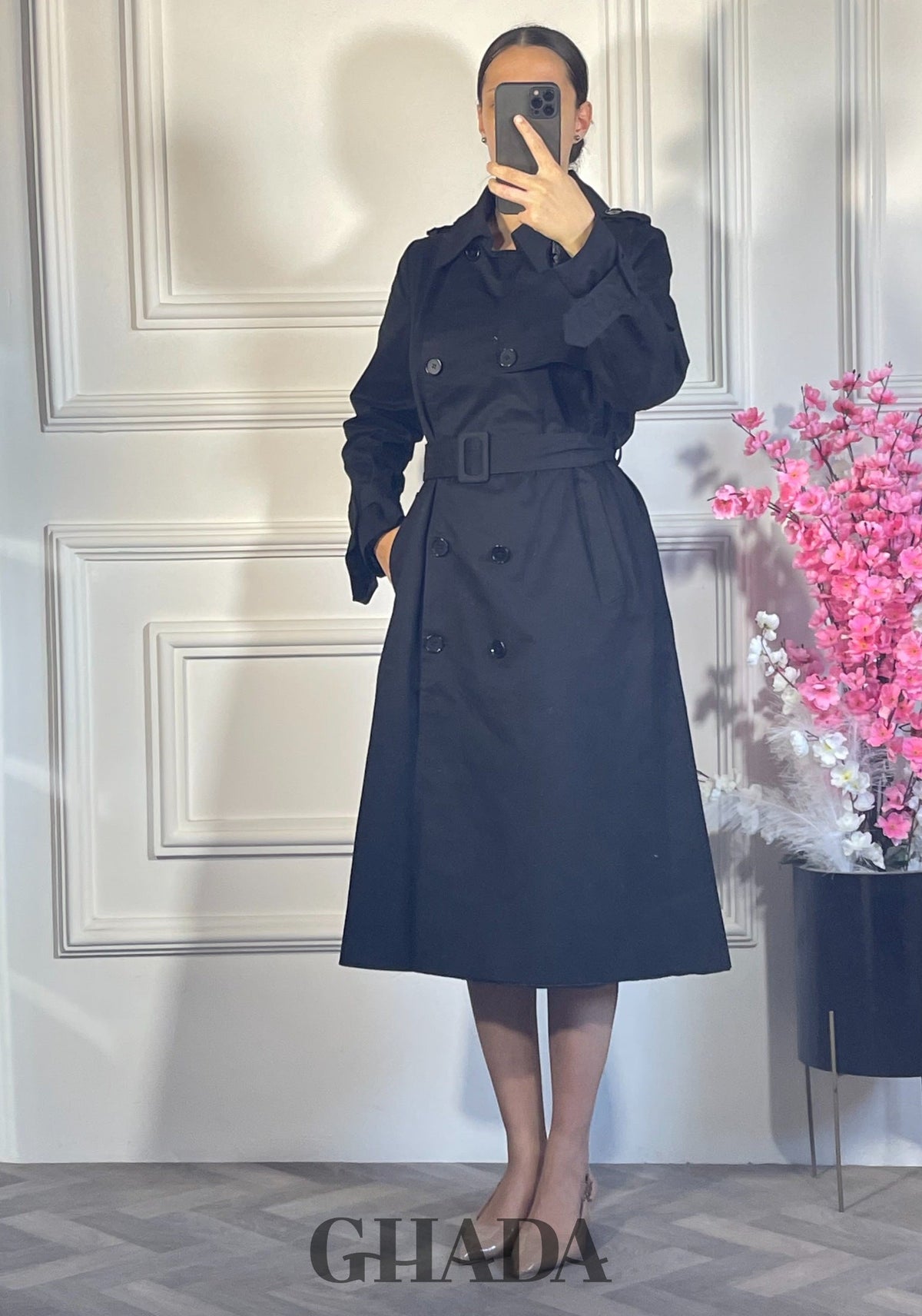 Trench-coat long double boutonnage - Noir détail broderie - manteau femme - GHADA FASHION