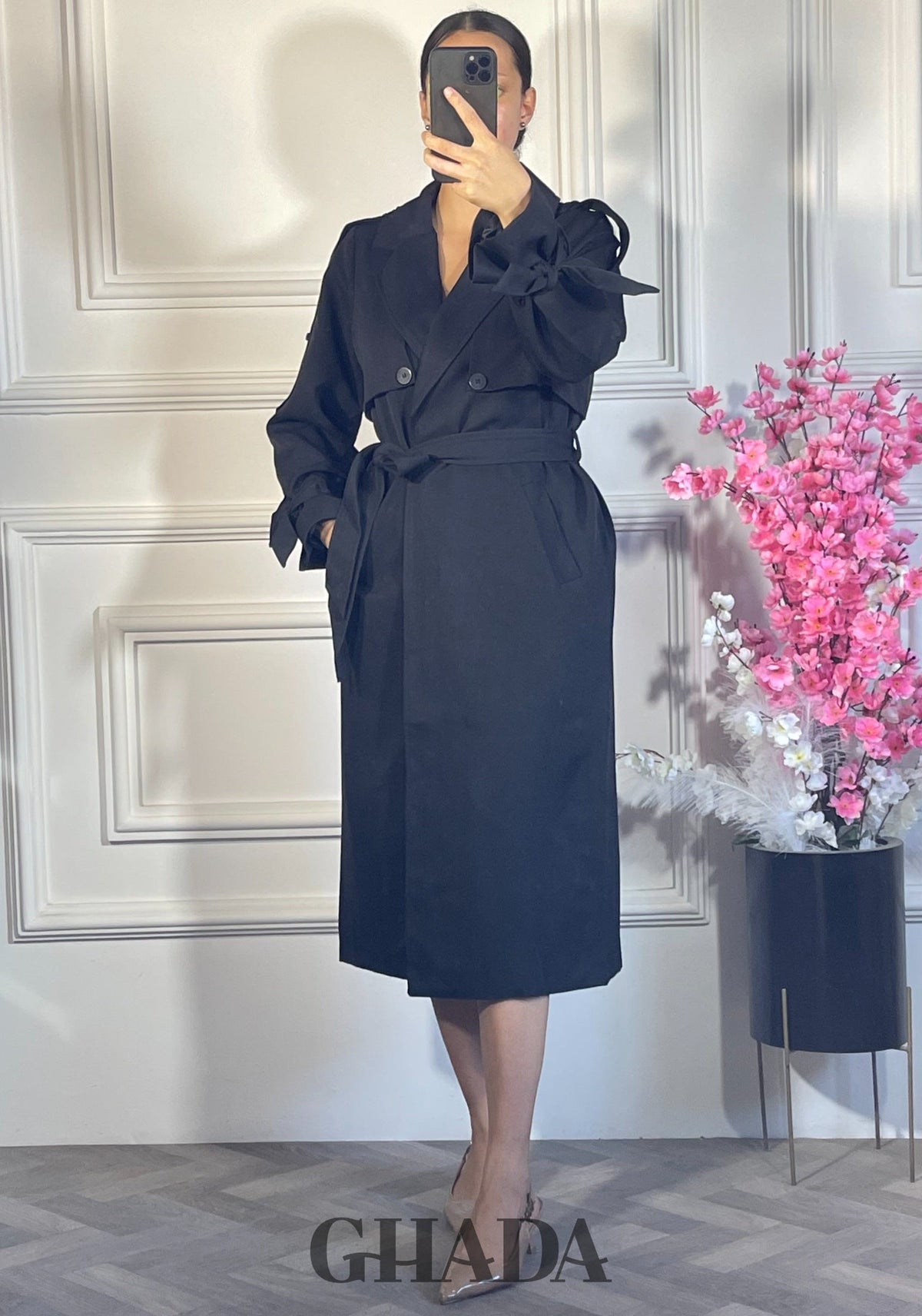 Trench-coat long oversize - Noir vue de dos - manteau femme - GHADA FASHION